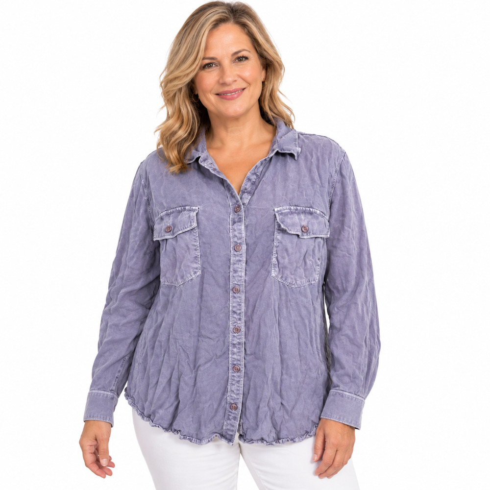 Chicos Purple Chambray Button Up Long Sleeve Collared Shirt Top Blouse sz 3 / XL